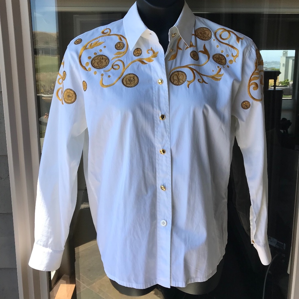 Gold-embroidered Escada Margaretha Ley work / dress shirt, EU 40 US 10